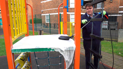A climbing frame being cleaned by Foamstream